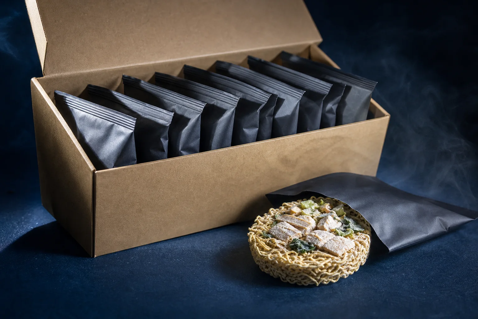 An open kraft shipping case holding eight sealed charcoal pouches, with one pouch laid flat beside a frost-covered bowl puck.