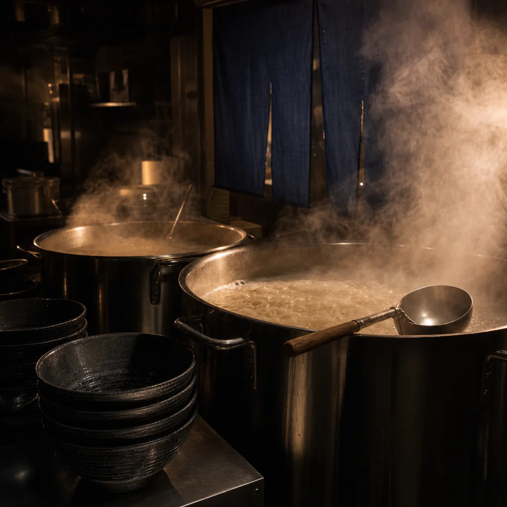 A stainless production kitchen line: bowls being assembled with chashu, egg and nori before the blast freezer.