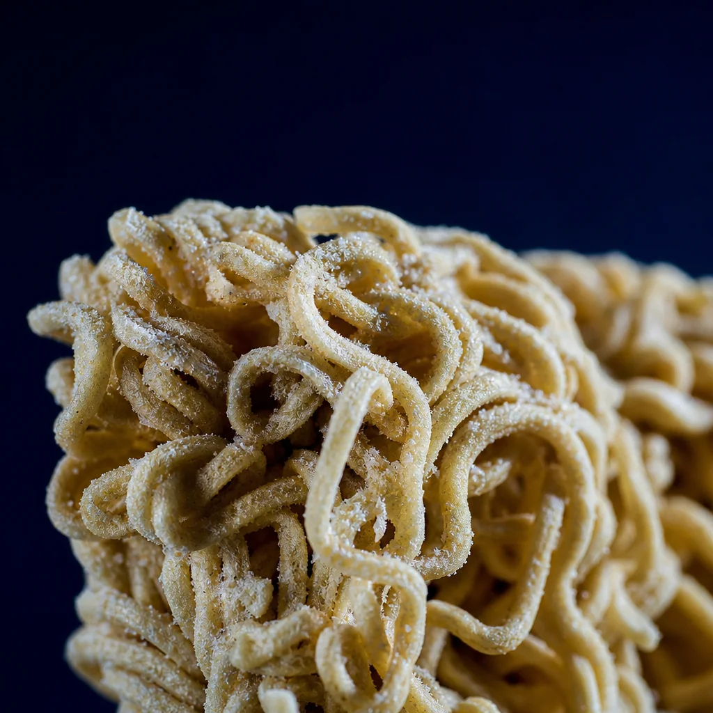 Close detail of a freeze-dried noodle block: an open lattice of dried strands with intact scallion and kikurage.