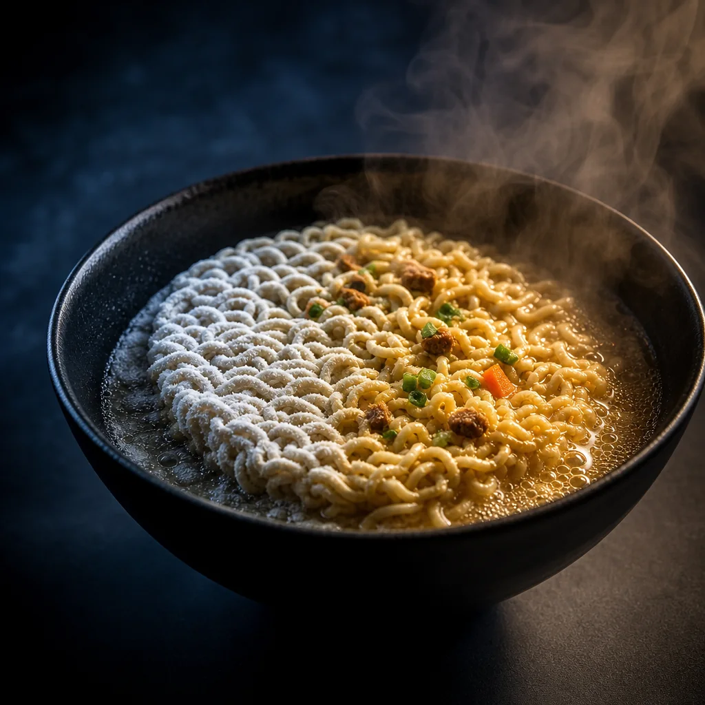 A bowl mid-bloom: broth surfacing through the noodle lattice as steam lifts off the surface.